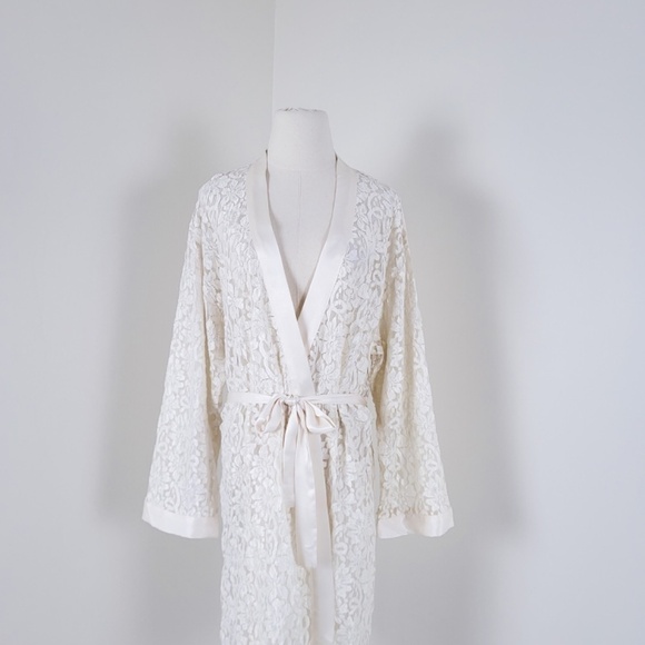Vintage Lace Robe Bell Sleeve Long belted peignoir satin angel kimono duster - Picture 14 of 17